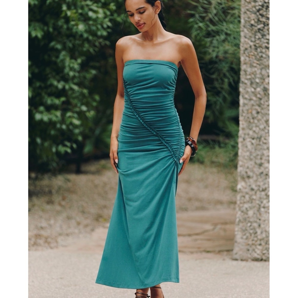 Anthropologie Gabbie Maxi Tube Dress L Teal Green Strapless Ruched Ruffle Event